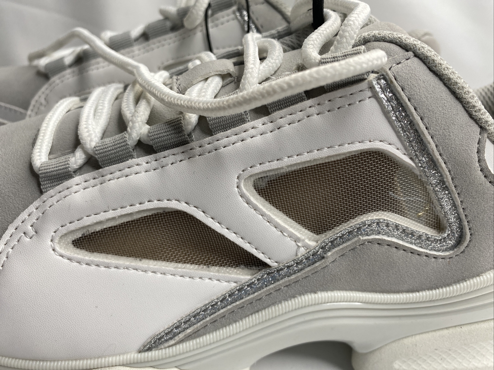 NEW ZARA White Silver Fashion SHINY MESH SNEAKERS Lace up USA 9 EU 40 K48