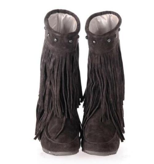 Fringes Womens Rivet Tassel Round Toe Hidden Wedge Mid Calf Boots Pull on Shoes