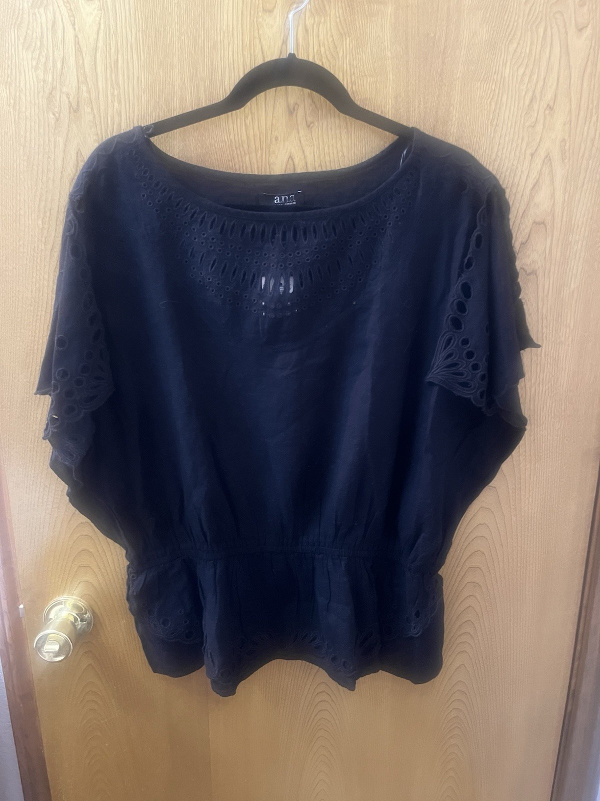 A.N.A A New Approach Black Eyelet Batwing Sleeve Top XL 12 14