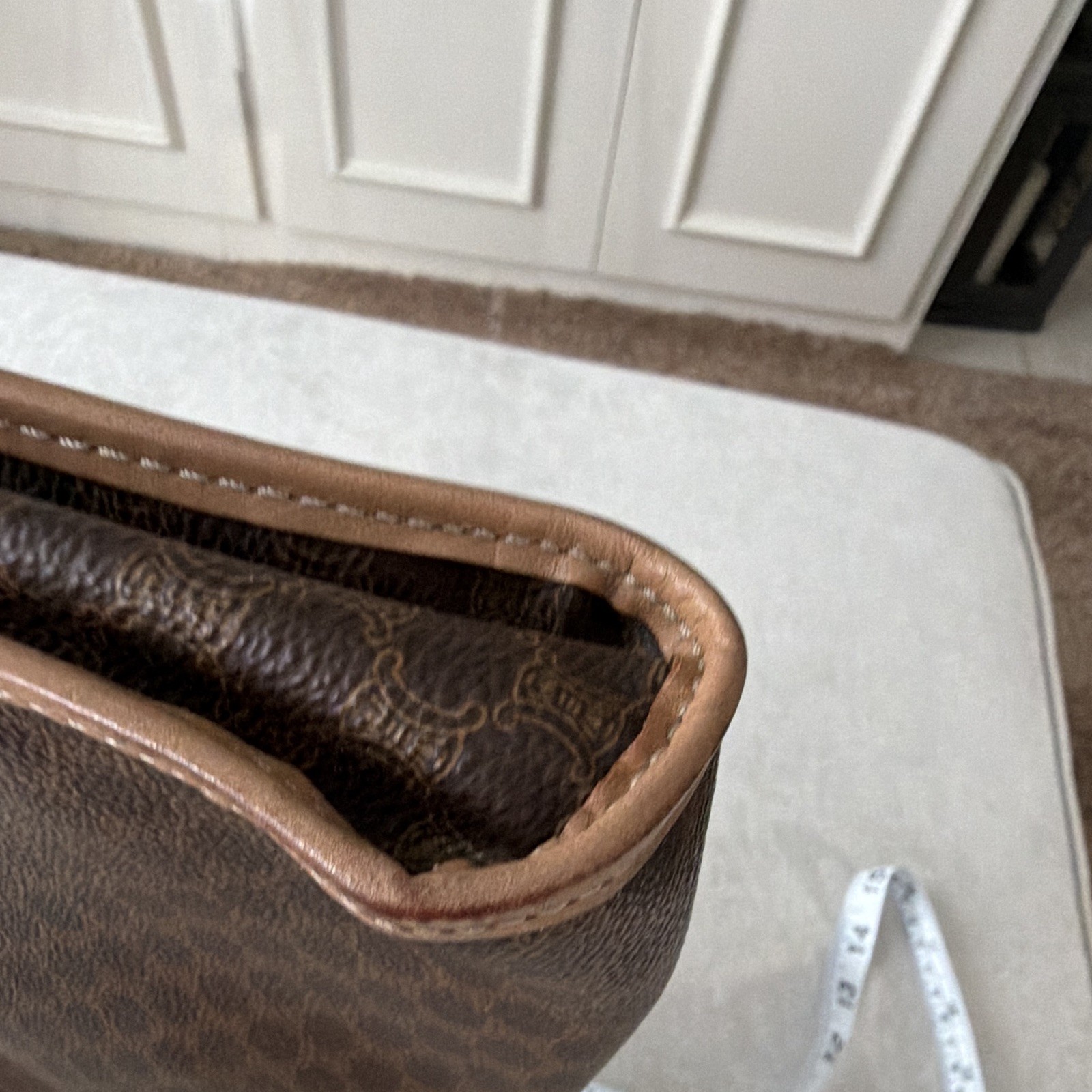 ⁠Vintage CELINE Macadam Canvas Clutch Pouch Wristlet Brown Tan Leather Trim
