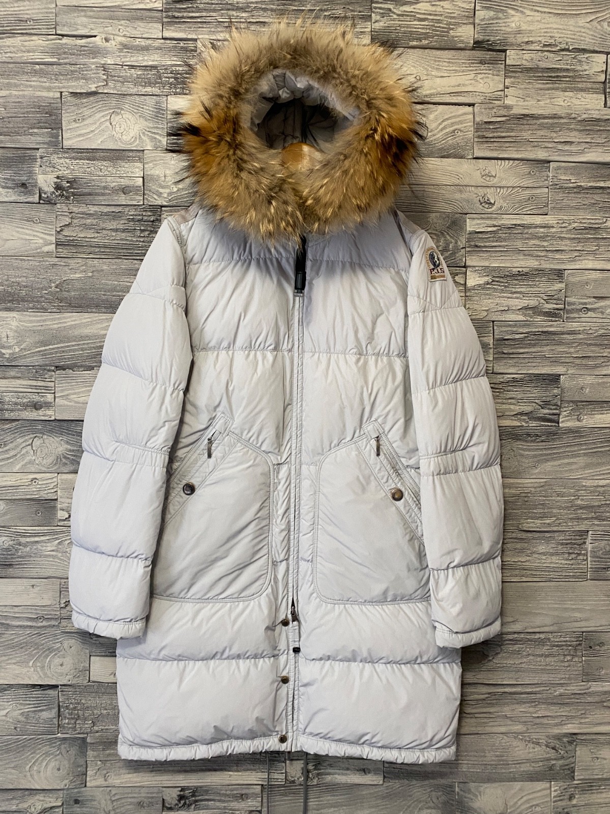PARAJUMPERS PJS Womens Winter Down Puffer Fur Trim Logo Long Bear Parka Jacket M