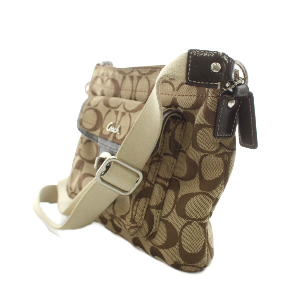 Coach Signature Canvas Leather Shoulder Bag Beige Brown Women 18cm 17.5cm