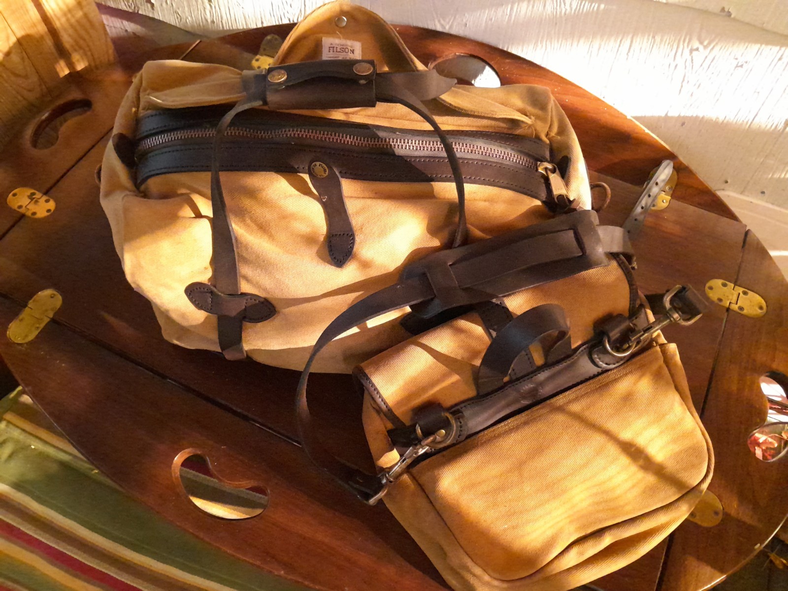 Matching Tan Filson Travel Set: Small Duffel 220 & Medium Field Bag 232 w/ Strap