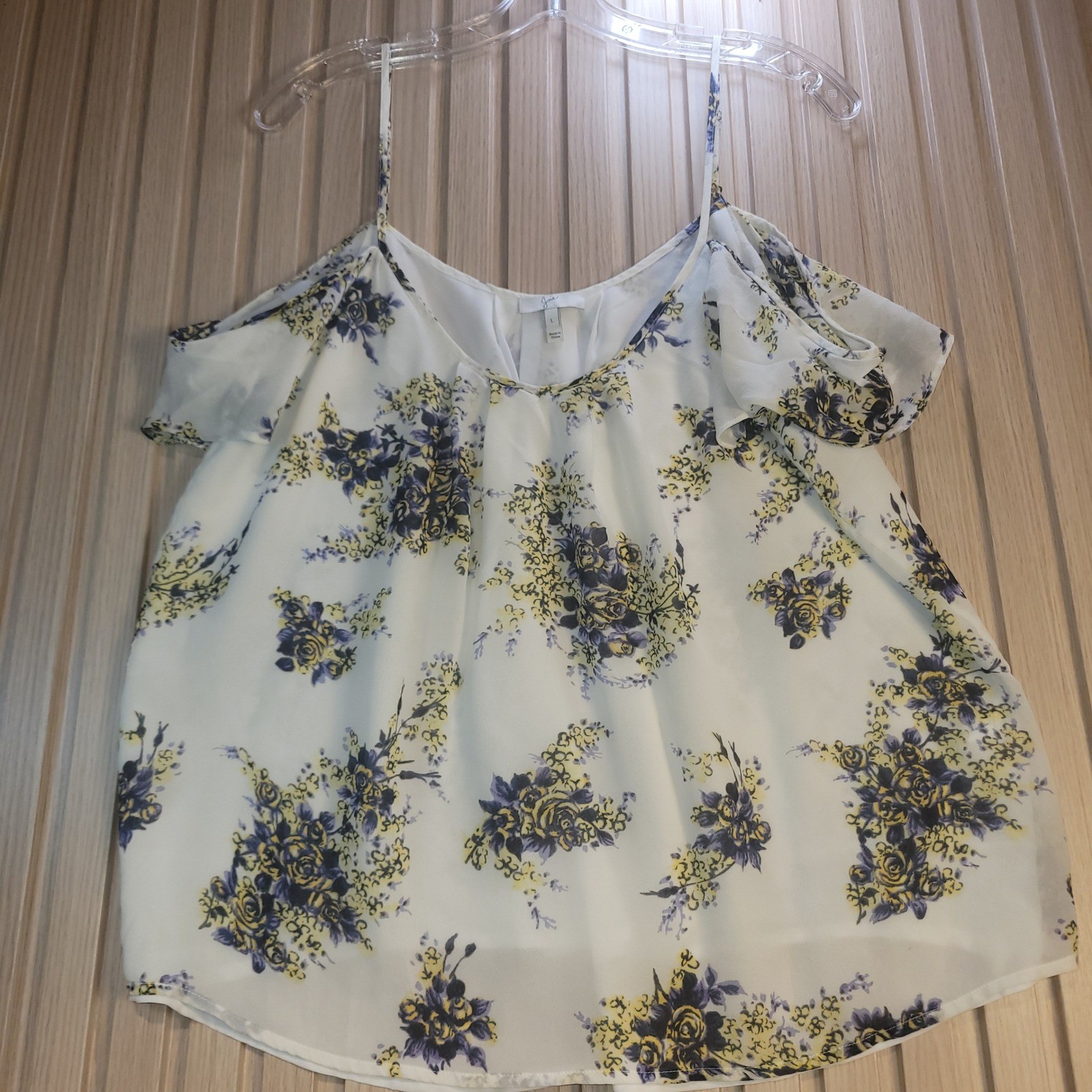 Joie Silk Cold Shoulder Floral Blouse Ivory Purple Yellow Rose Print Size L