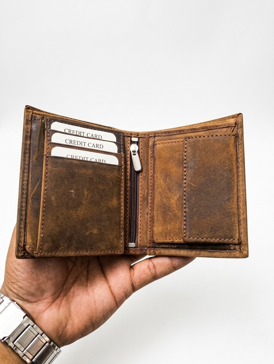 Vintage Brown Knp Leather Trifold Wallet Zipper Coin Pocket Card Holder..