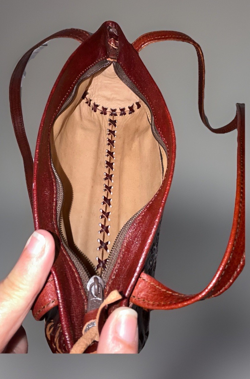 Vintage Tooled Stamped Leather Brown Hippie Purse Boho 10” X 7” X 3”