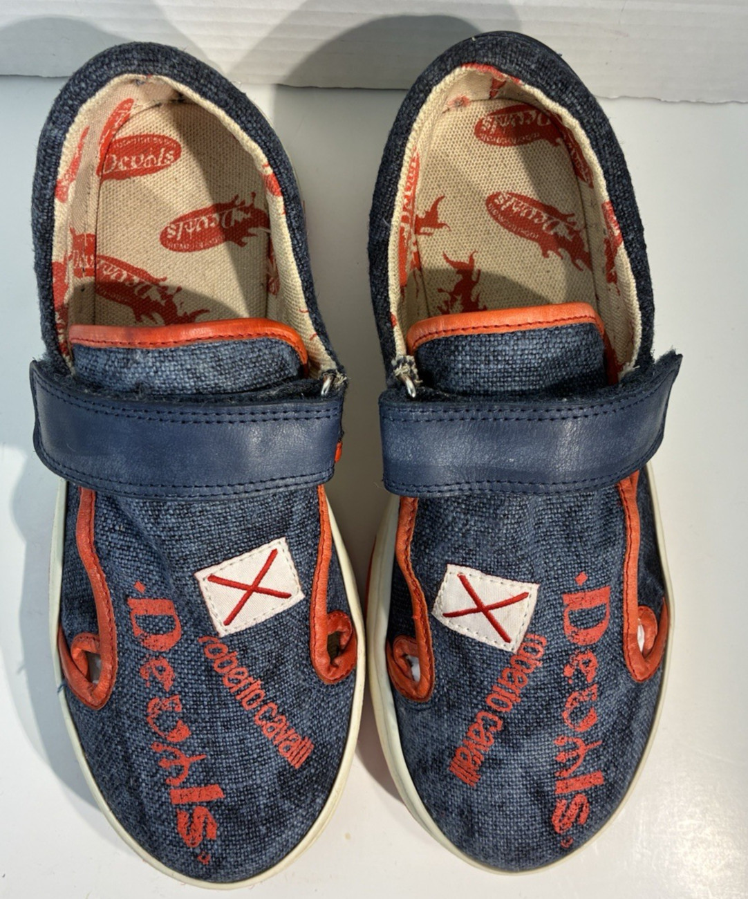 Roberto Cavalli Devils Kids Sneakers Blue Denim Canvas Strap Shoes EU 36 US 4