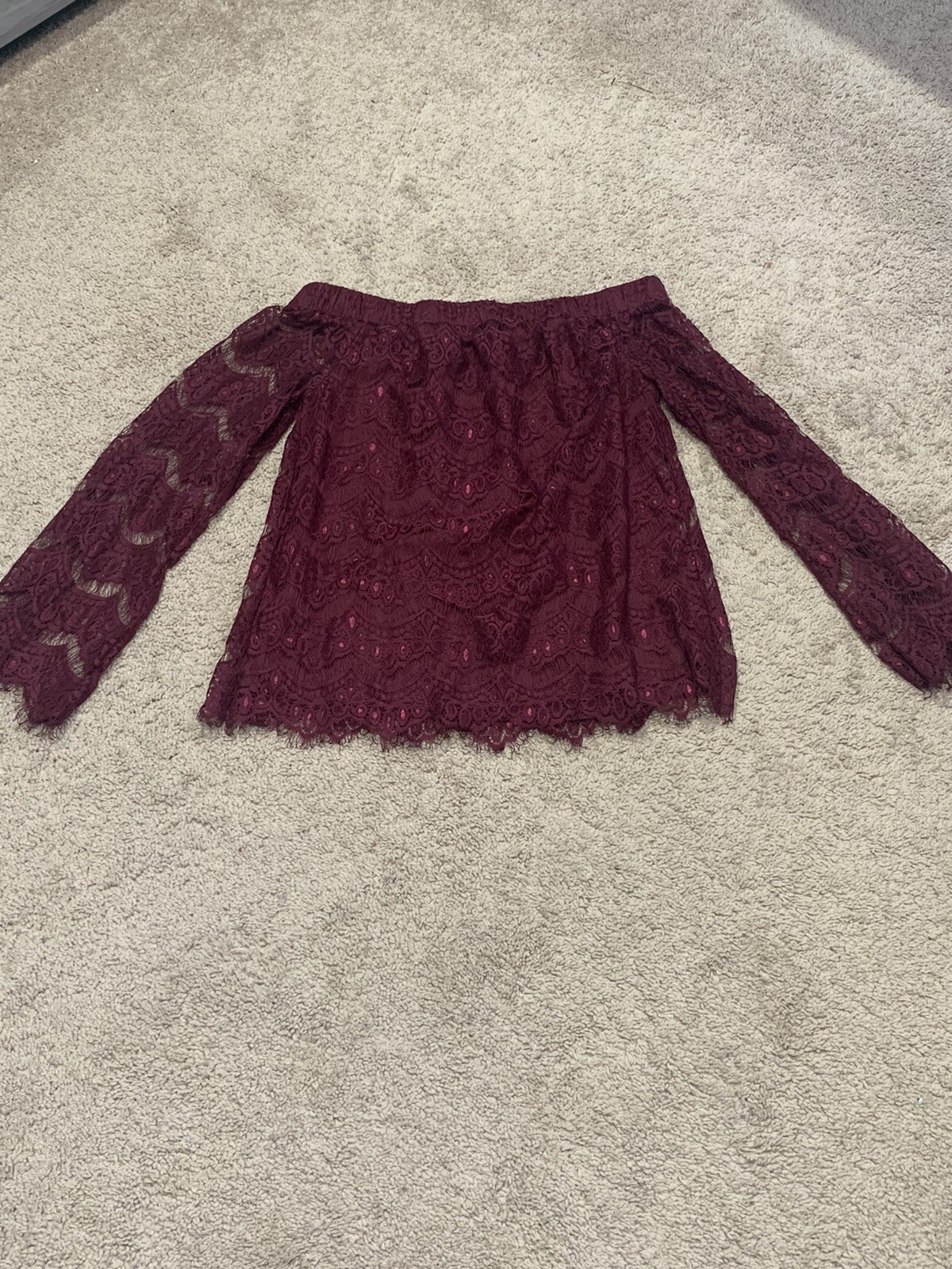 Love Fire Womens Shirt Size S/P Wine colored Lace Off the Shoulder Long Sleeve