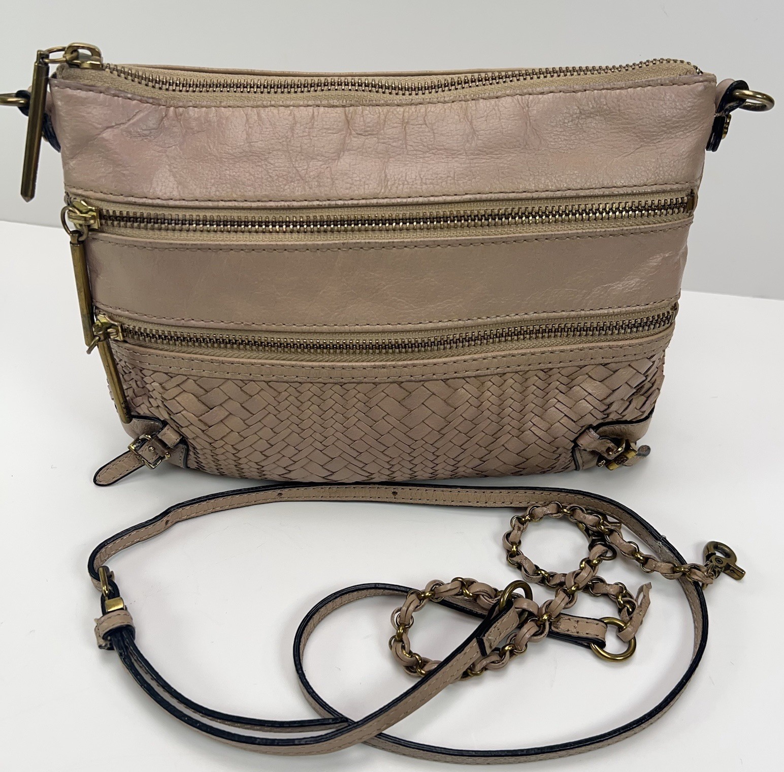 ELLIOTT LUCCA Messina Leather Crossbody Bag 3 Zip Basket Weave Purse Boho Nude