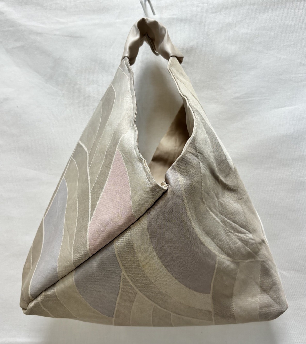 Vintage Japanese Obi Handbag Pearl Beige Geometric Silk Azuma Bukuro Bag