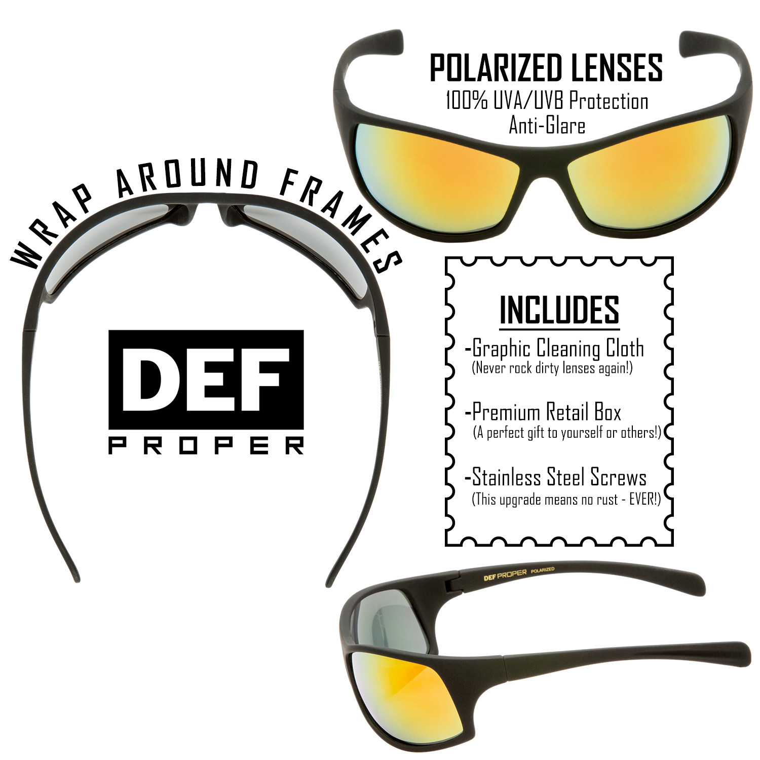 DEF Proper POLARIZED Sunglasses Mens Sports Wrap Fishing Golfing Driving Glasses
