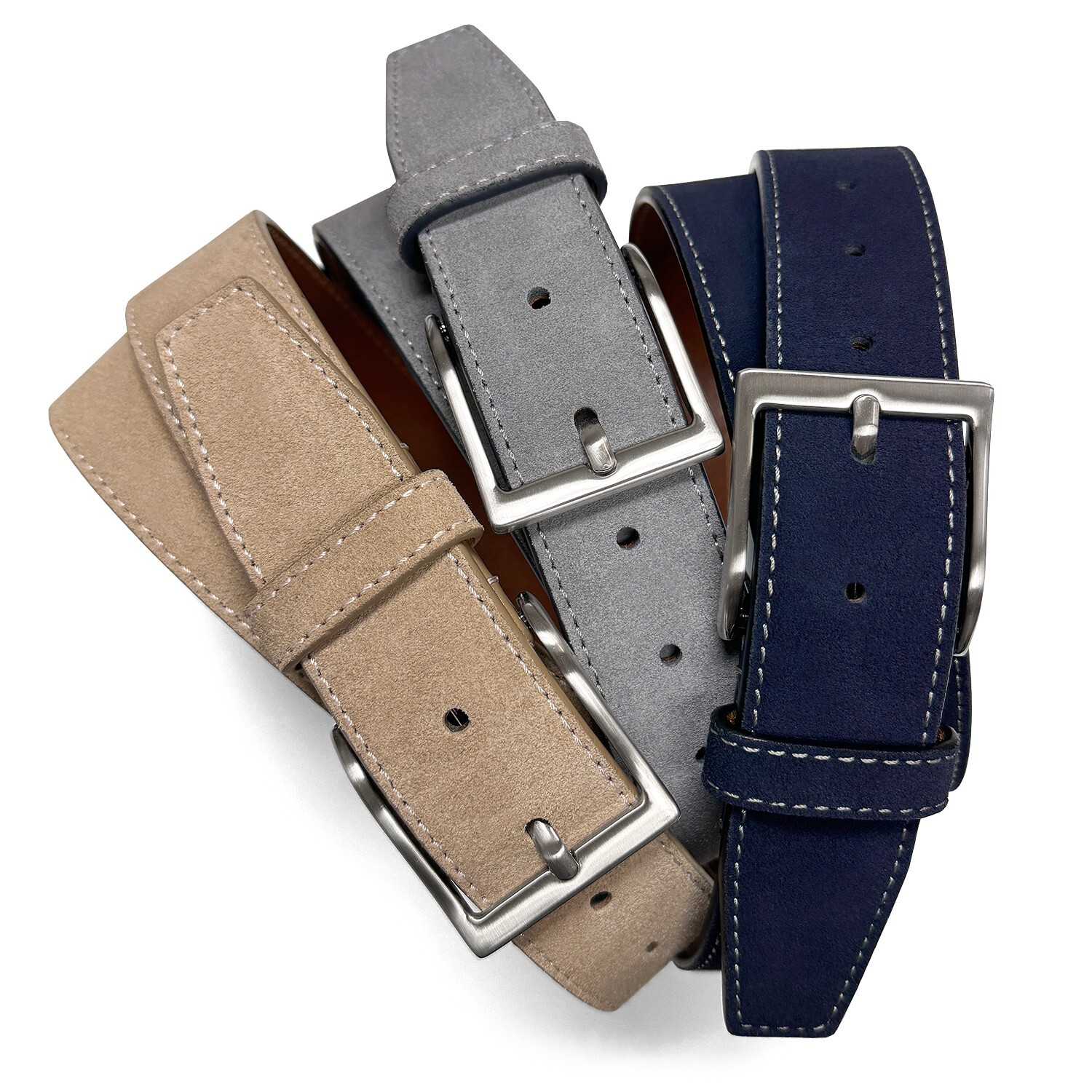 Brushed Nickel Buckle Suede Belt Genuine Leather Casual Jean Belt 1-1/2″ Wide
