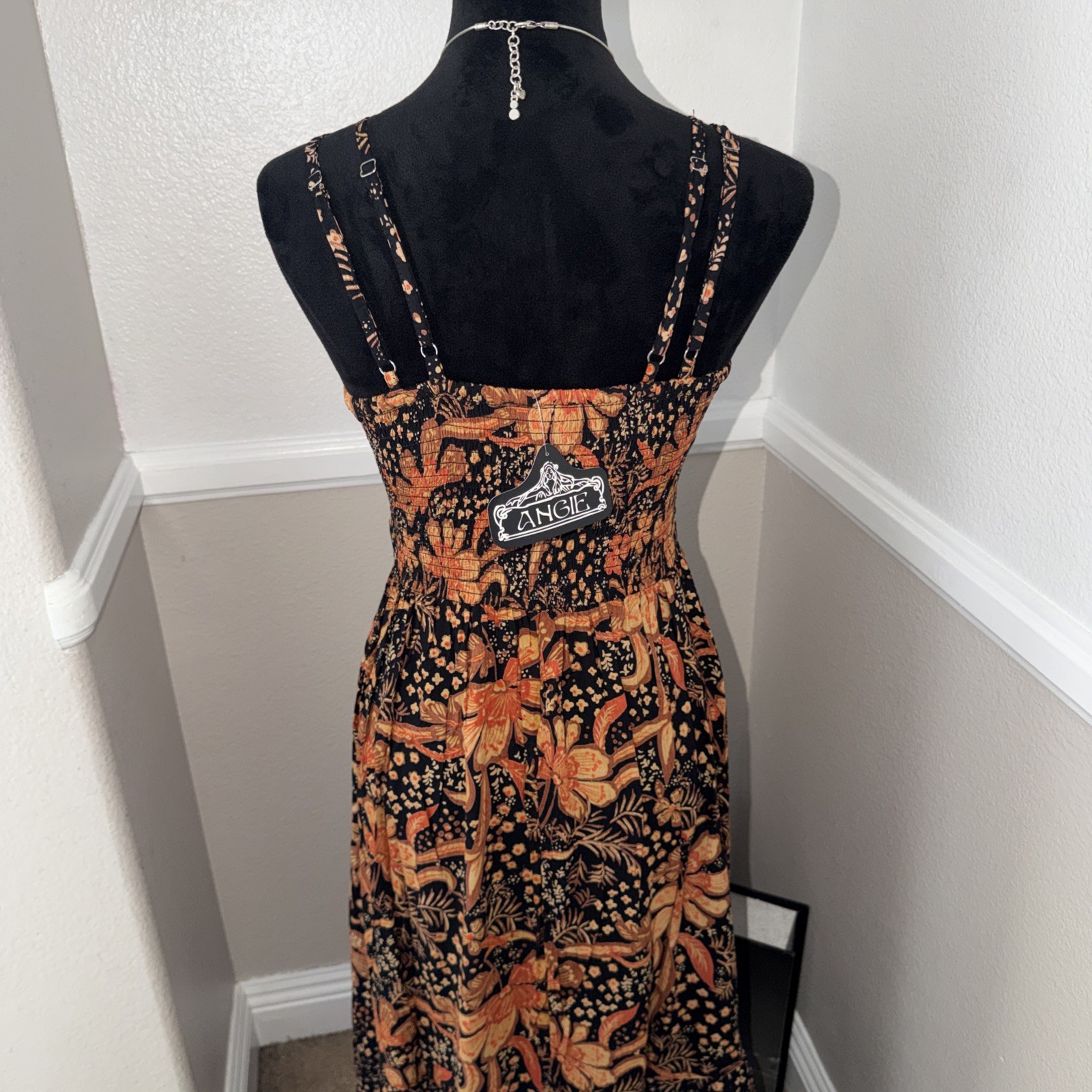NWT Angie Boho Cottage Floral Smocked Crochet Front Maxi Dress Black $78 Small