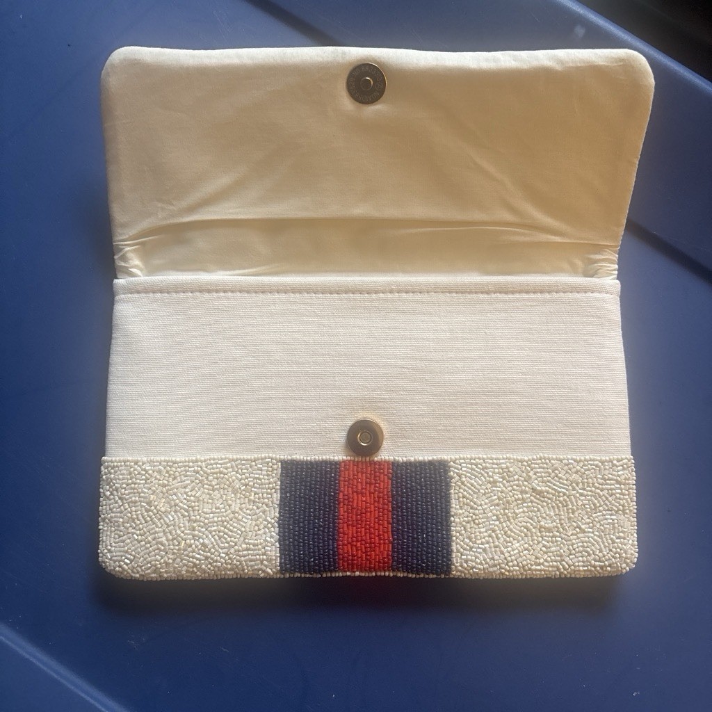 Women’s Beige Envelope Folding Wallet w/ Bee Motif, Red/Blue Stripe Snap