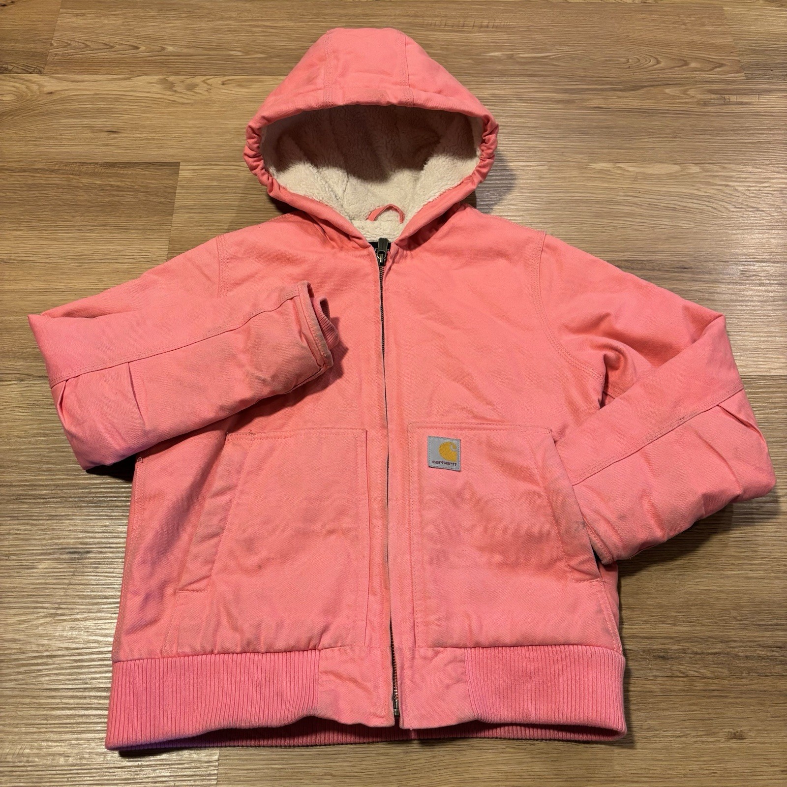Carhartt Jacket Kids Girls Medium 10-12 Pink Sherpa Lined Canvas Hooded OJ9564-G
