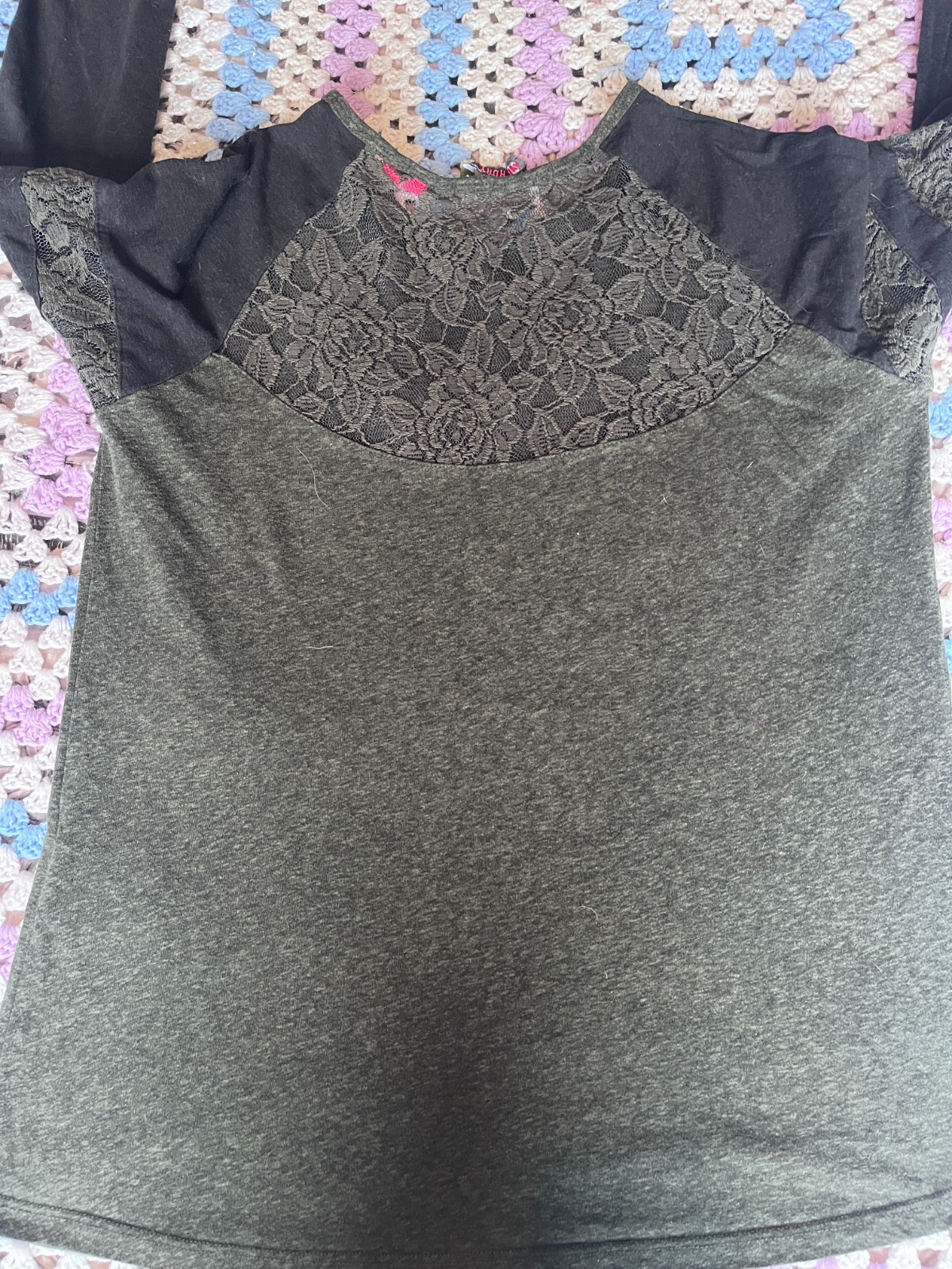 SUPERDRY DARK GREEN AND BLACK LONG SLEEVED TOP WITH LACE CUT OUTS