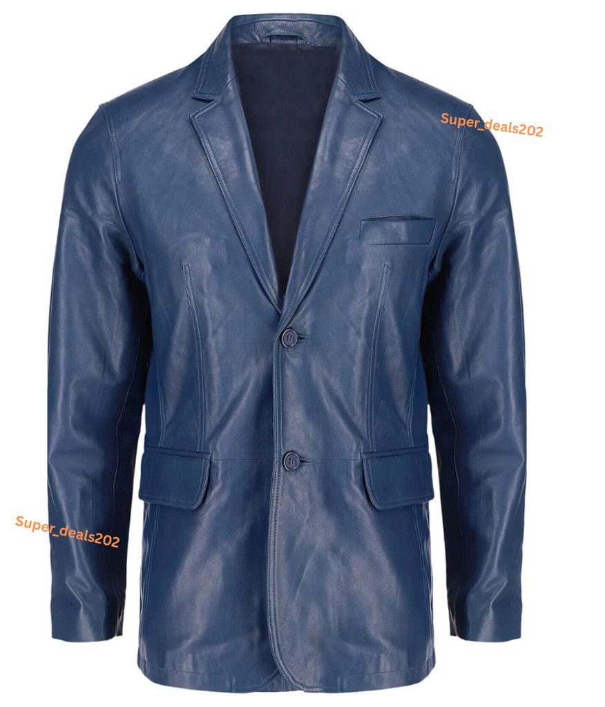 Mens Blue Lambskin Nappa Leather Blazer Two Buttons Casual Formal Wear Style Fit