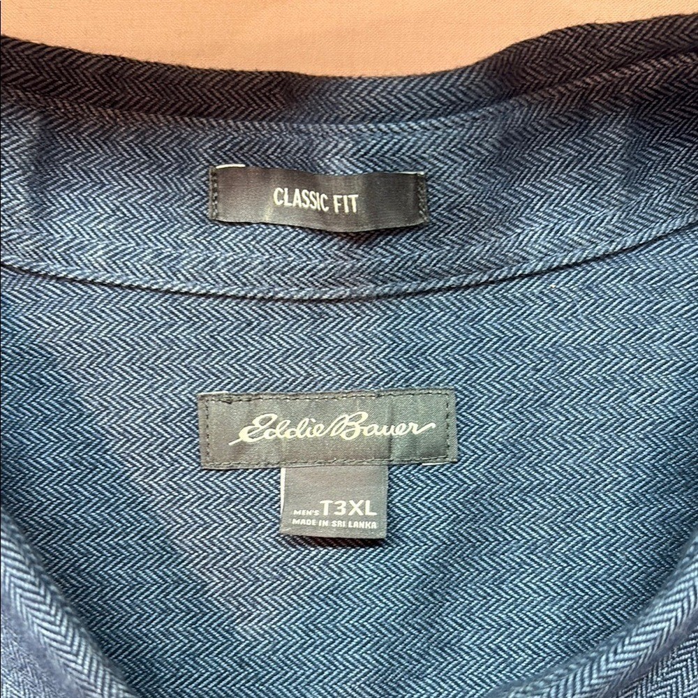 Eddie Bauer 3XL Blue Herringbone Cotton Button Down Shirt Classic Fit Long Slv