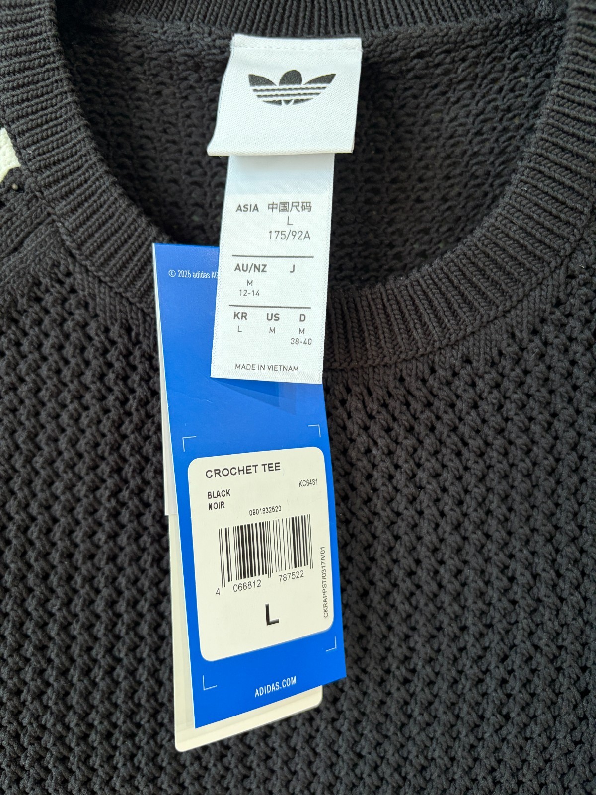 adidas Originals Crochet Knit T-shirt Women Casual Lifestyle Tee AsiaFit KC6481
