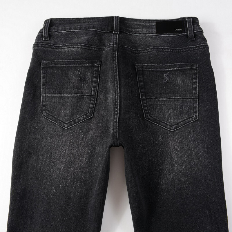 Men’s Black Skinny Stretch Jeans with Pink Patchwork Rips, Raw Hem, Button Waist