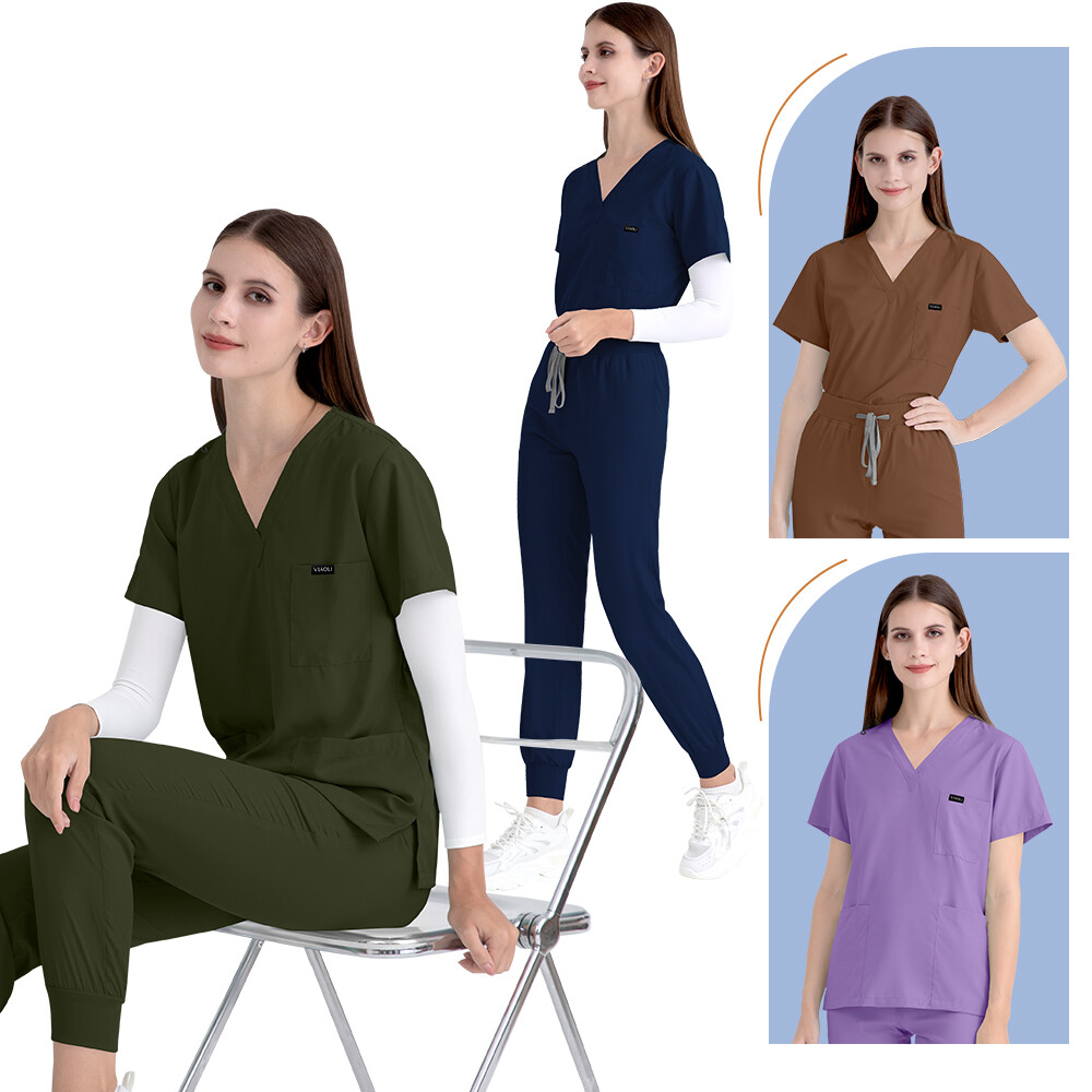 Unisex Stretch Jogger Nurse Uniform Scrub Sets Women Men V-Neck Top Elastic Pant