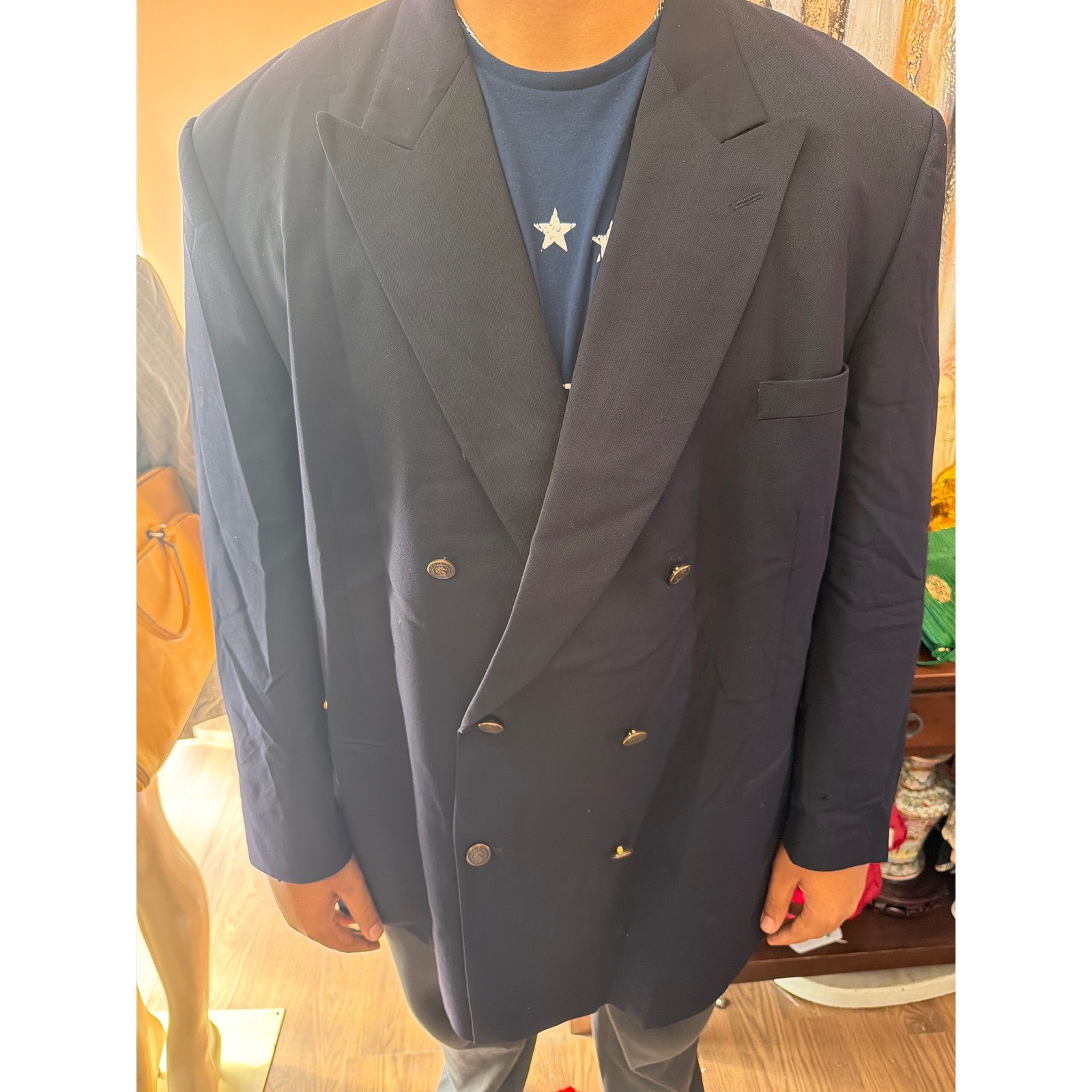 Pierre Cardin Mens Navy Blue Double Breasted Worsted Wool Blazer Jacket 54L Big