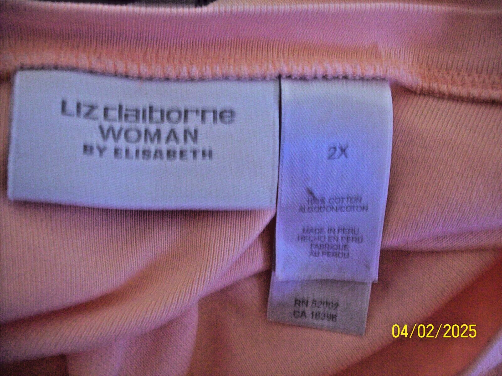 Liz Claiborne Womens Round Neck Short Sleeve COTTON T-Shirt Peach Sz 2X Bust 53″