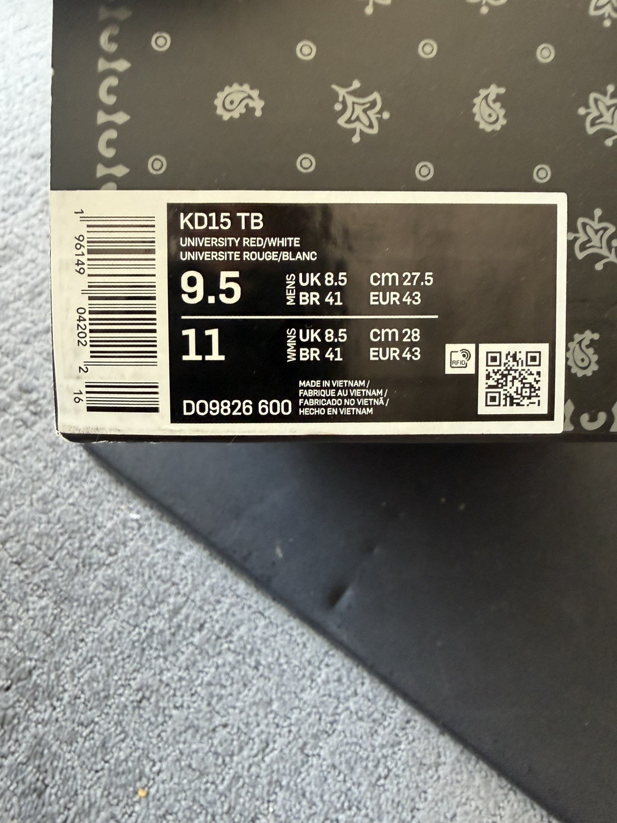 New w/o lid NIKE KD 15 TB UNIVERSITY RED-WHITE DO9826-600 MEN’S SZ 10.5