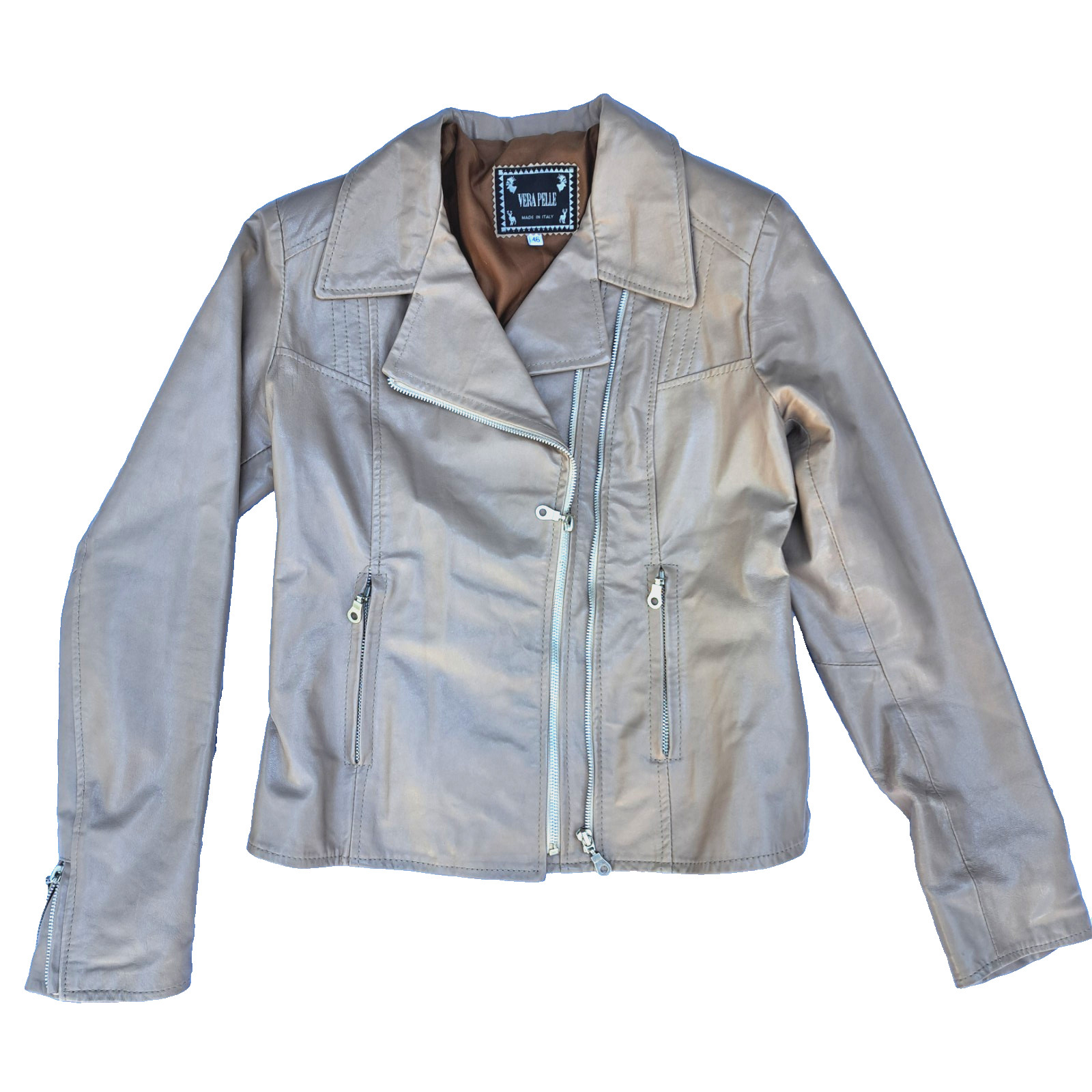 (46) Vera Pelle Genuine Italian Leather Moto Jacket Lancer Zip Tan Brown Large