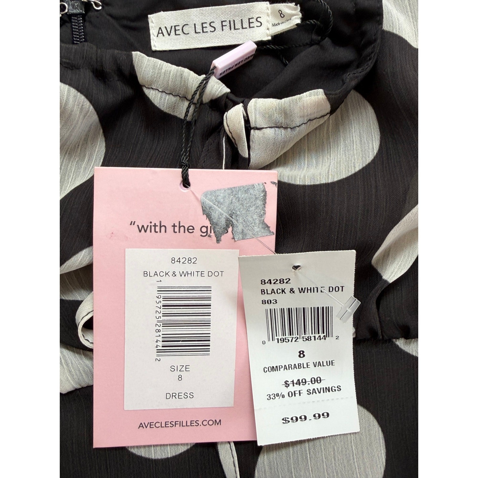 NWT Avec Les Filles Black & White Polka Dot Chiffon Mini Dress Size 8