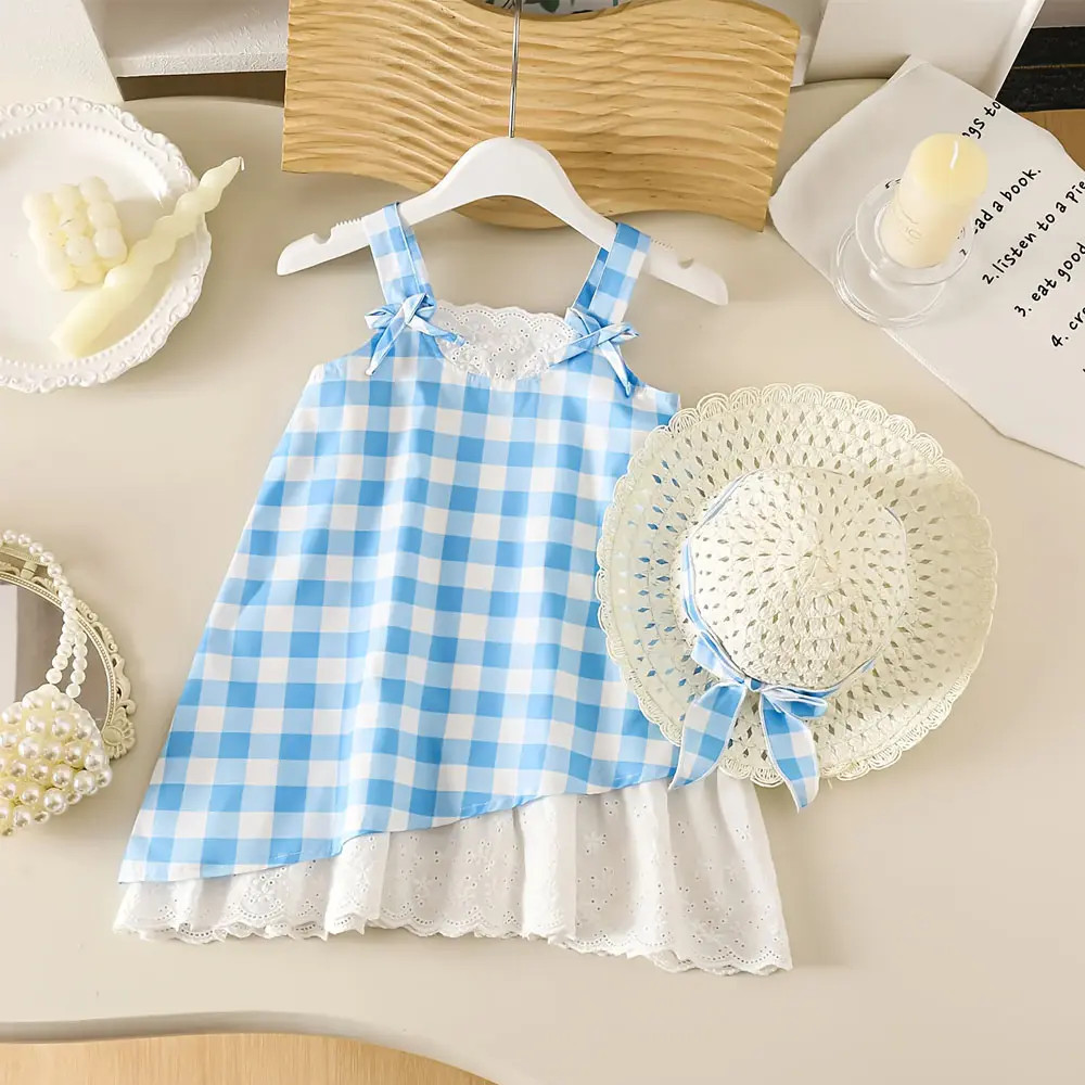 Newborn Baby Girl Plaid Sleeveless Sling Dress With Straw Hat 2PCS Summer Outfit