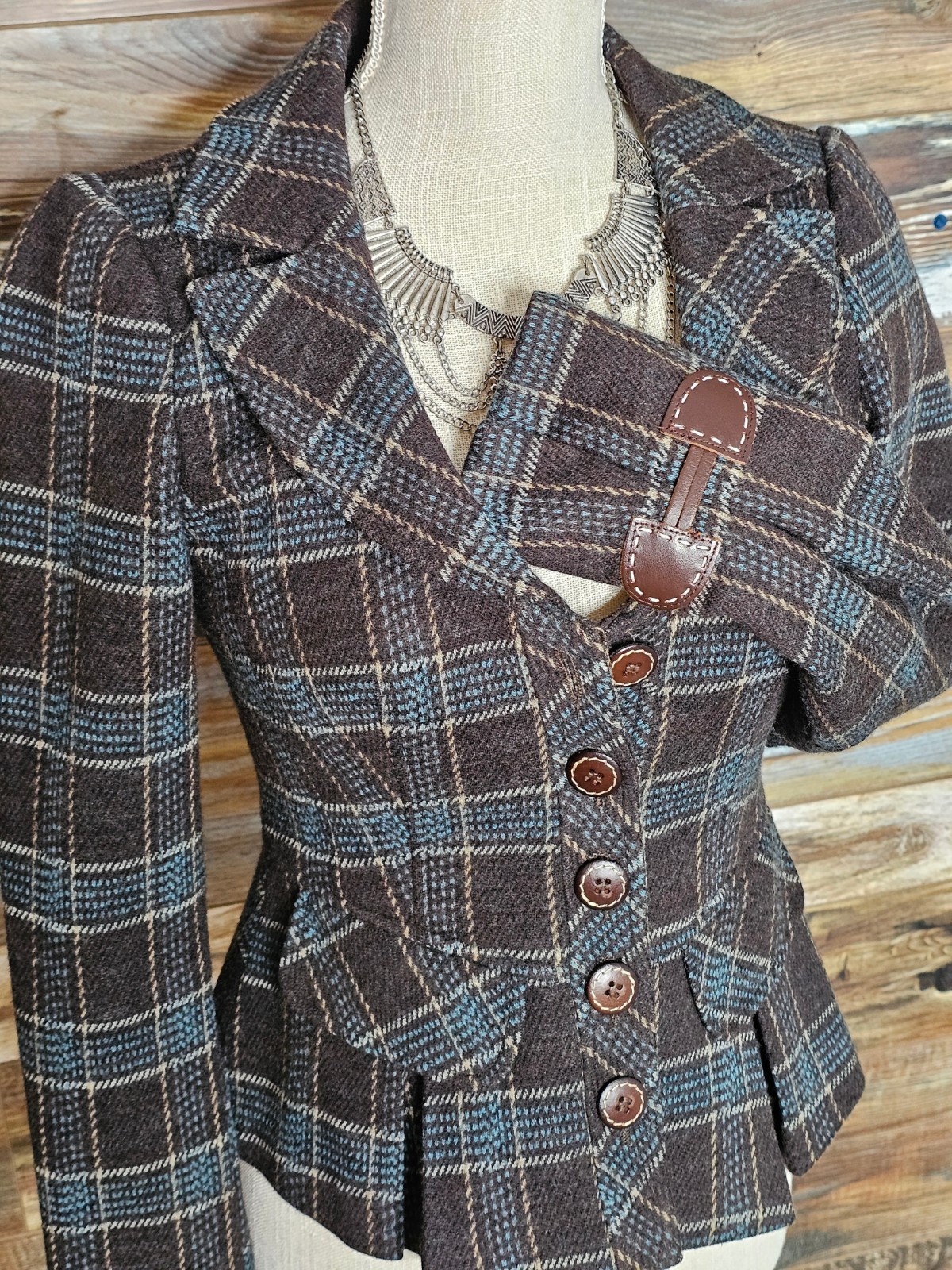 Nanette Lepore Wool Leather Buttons & Sleeve Cuff Rear Ruffles Blazer Jacket 2