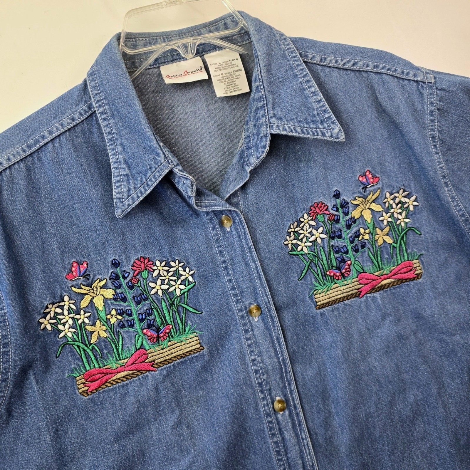 Vintage Floral Embroidered Cottagecore Denim Shirt Womens L Bobbie Brooks