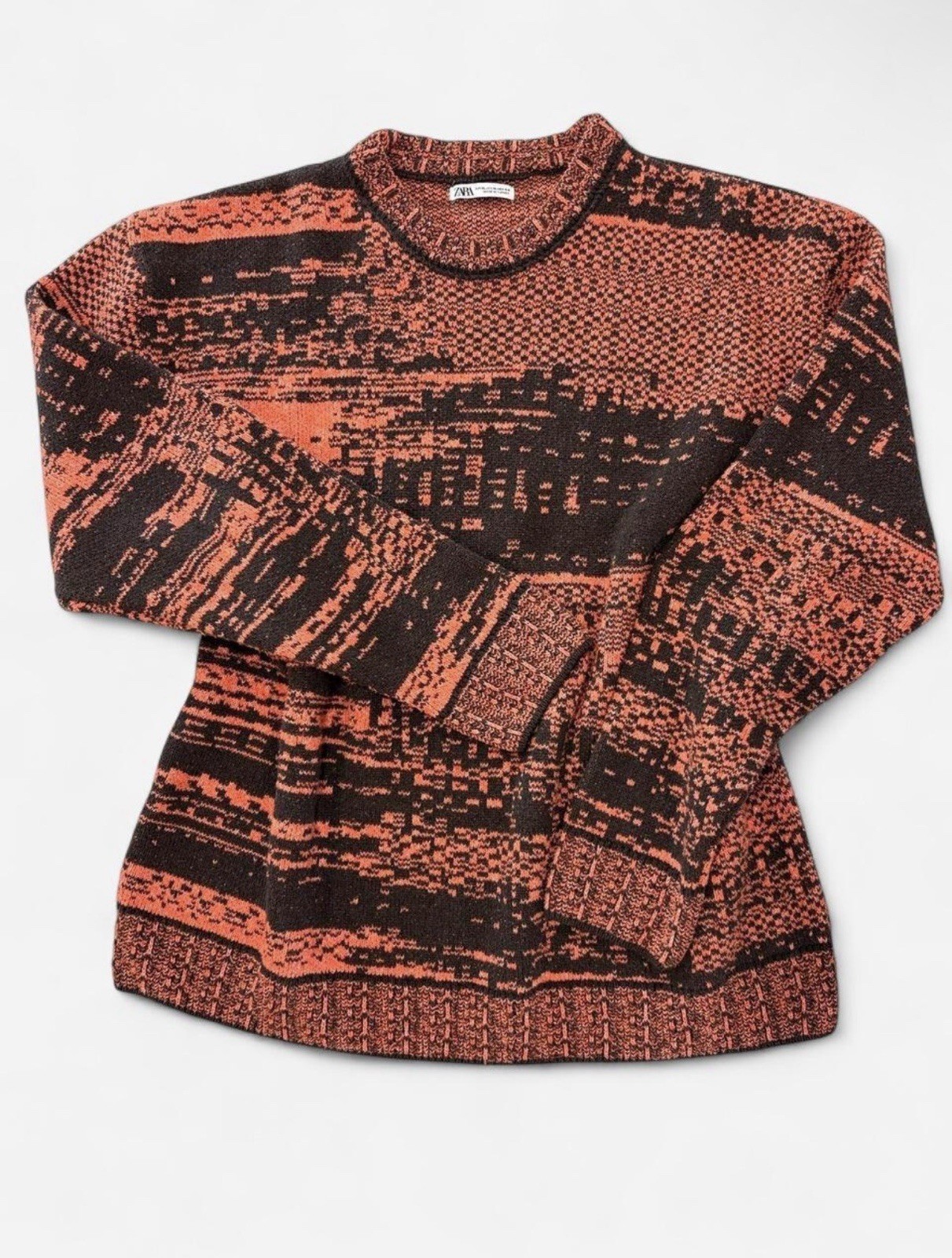 Zara Abstract Orange/Black Knit Crew Neck Long Sleeve Pullover Sweater L/XL