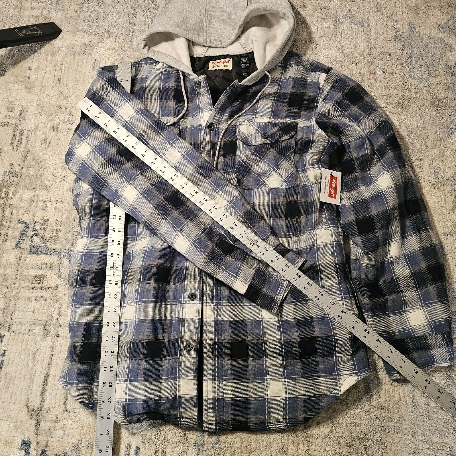Wrangler Authentics Men M Blue Plaid Hooded Insulated Lined Button Shacket