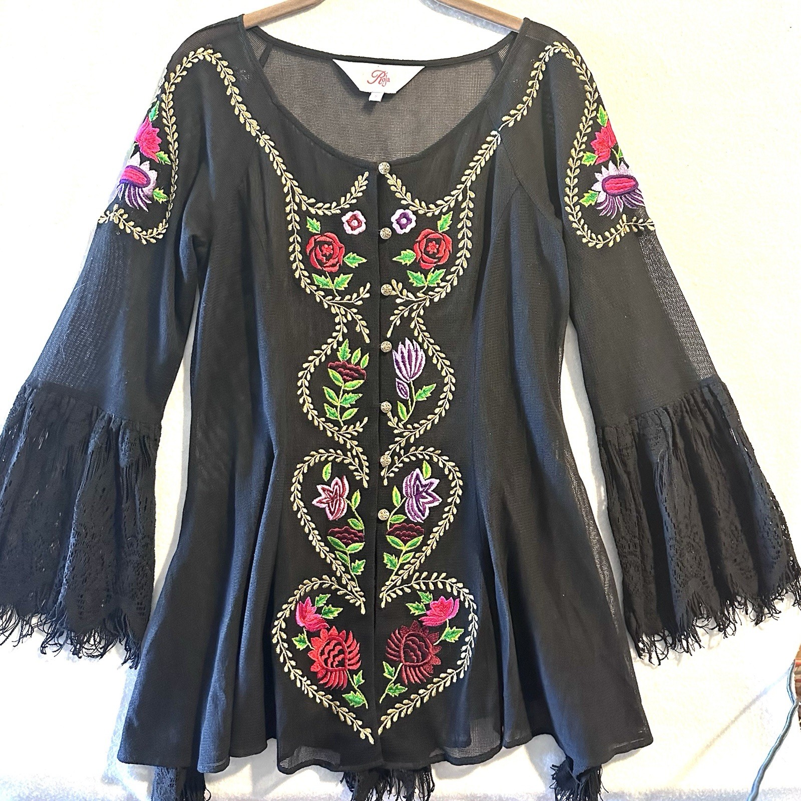 ROJA Tunic S Small Eyelash Lace Southwestern Embroidered Sheer Top Romantic