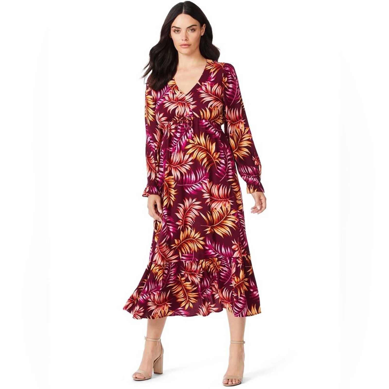 Sofia Jeans Sophia Vergara Tropical Dress Ruffle Hem Long Sleeves Medium