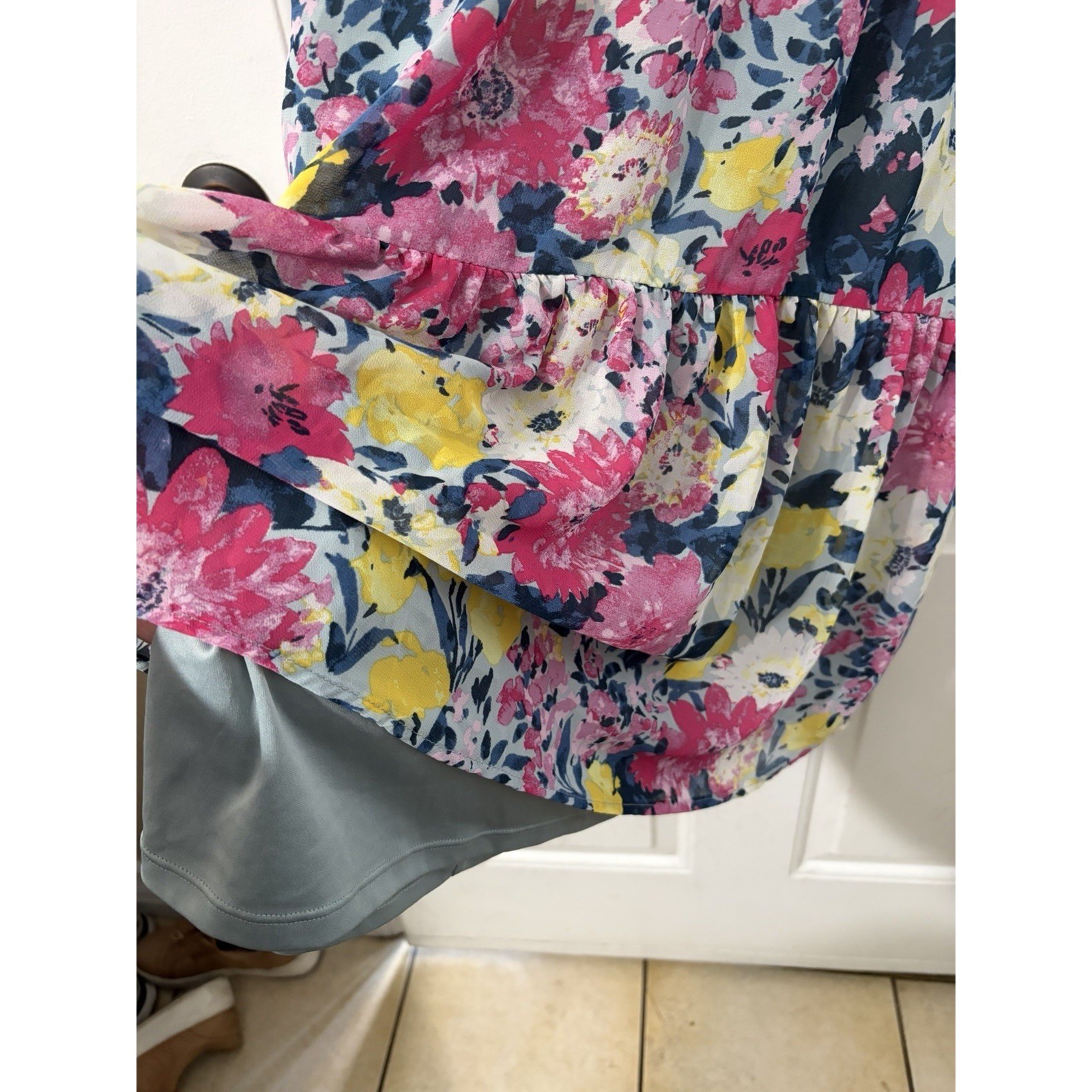 Lauren Conrad Midi Dress Large Romantic Watercolor Floral Ruffled Open Back