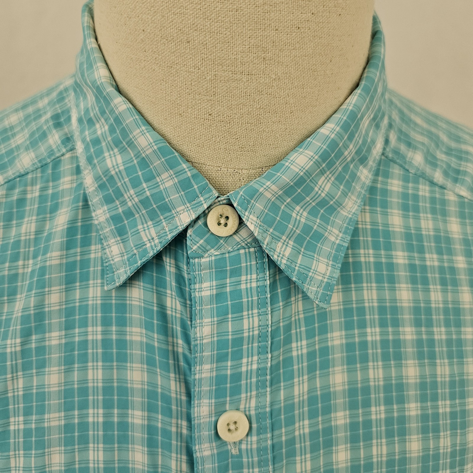 Simms Nylon Poly Seersucker Fishing Shirt Men’s Aqua Blue Plaid Lightweight XL