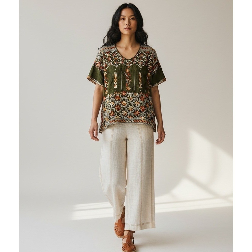 Johnny Was Aubrey Embroidered Top Women’s Small Tarragon Green Floral Boho Chic