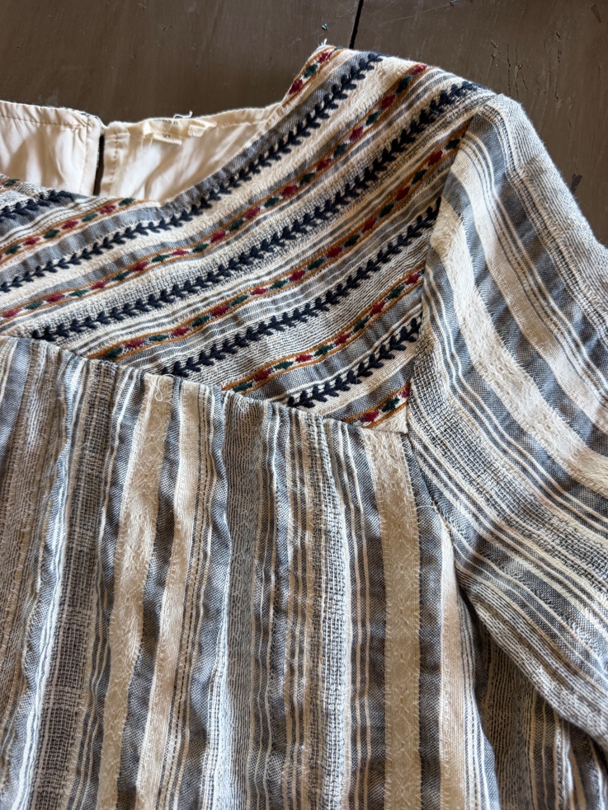 Orange Creek Boho Cream and Blue Lined Blouse Size L