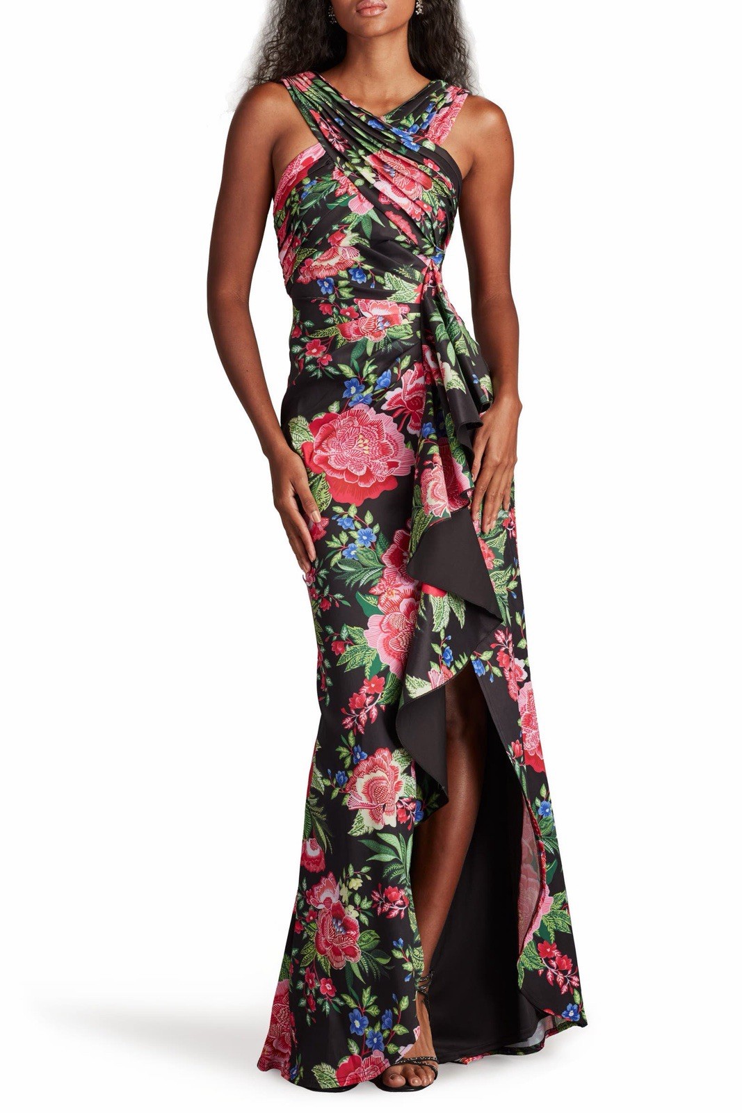 NWT Tadashi Shoji Twist Front Pleated Mermaid Gown in Black Fuchsia Floral Sz S