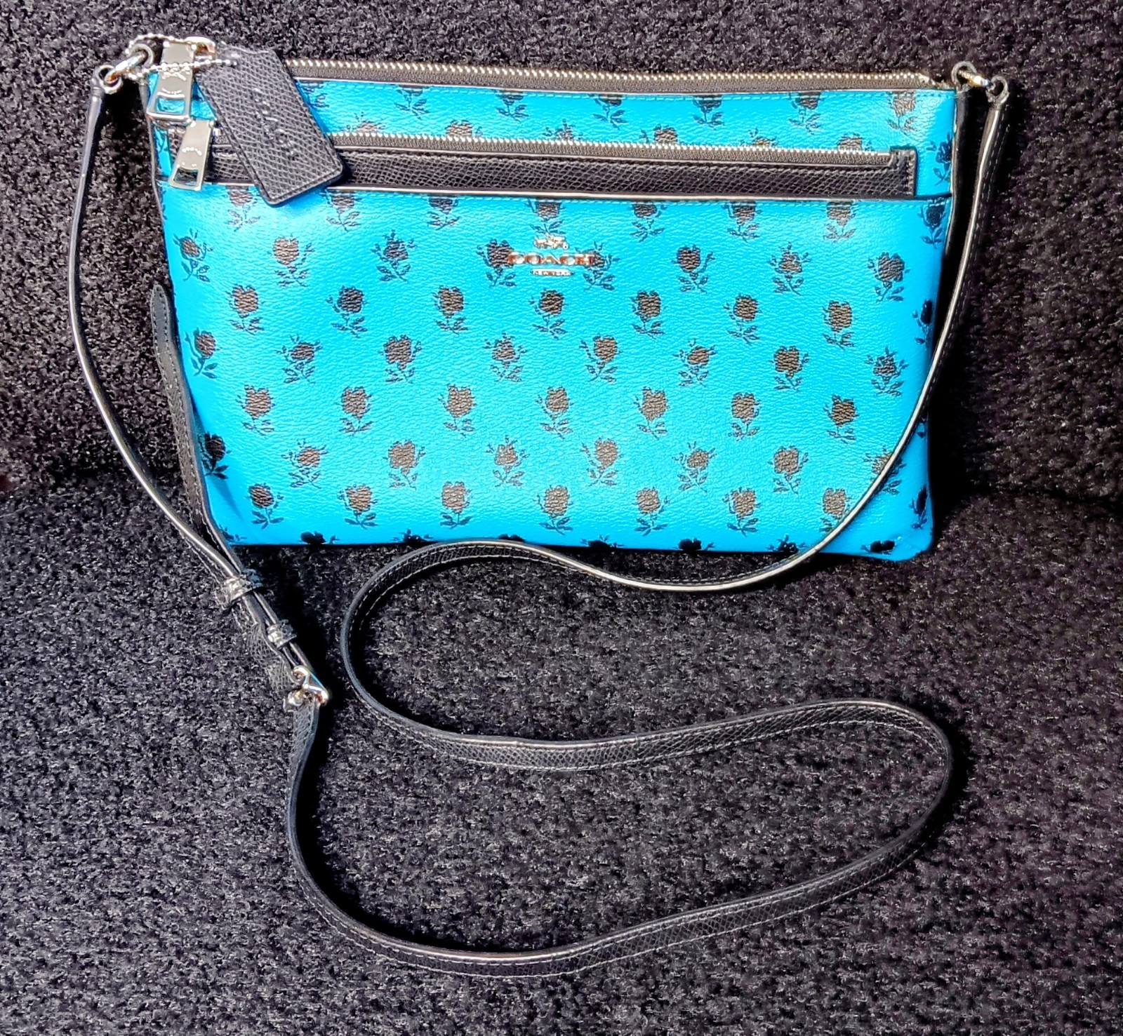 COACH Teal Blue Leather Floral Print w/ Pop Up Pouch Crossbody Bag #F38159 *READ