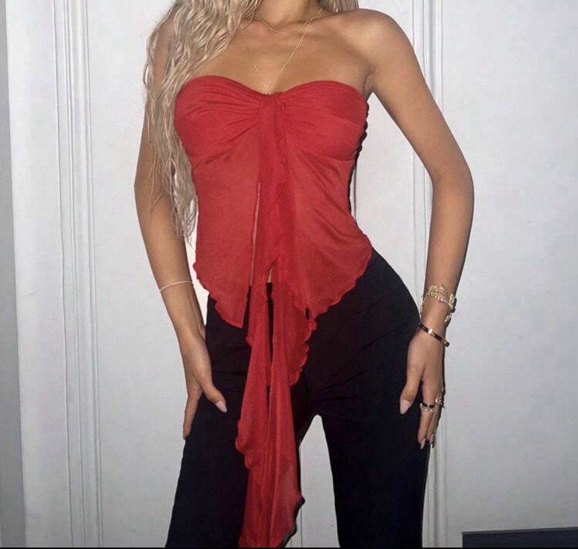 Red Sheer Mesh Strapless Tie-Front Tube Top