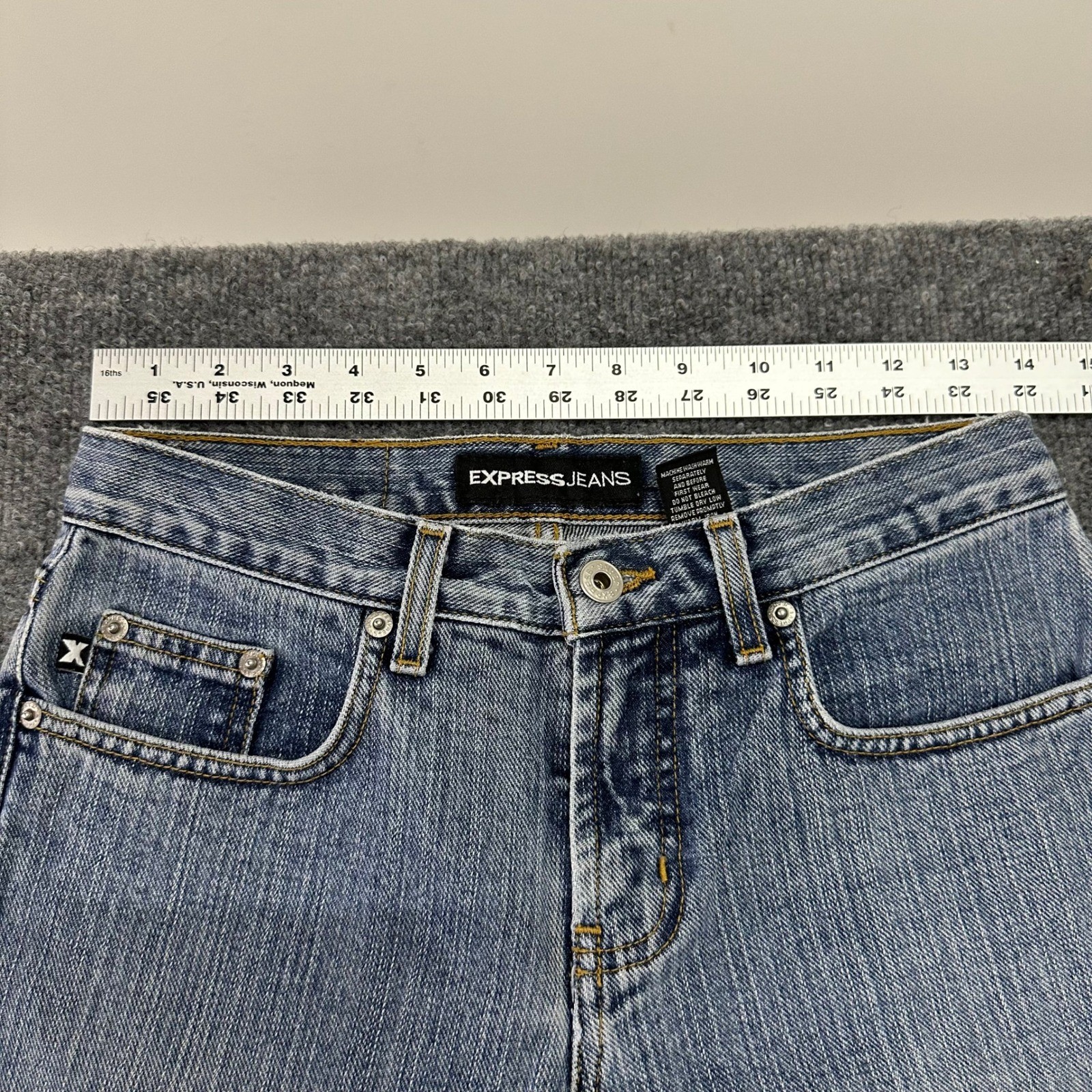 Express Jeans Womens Size 1/2 L Blue Low Rise Flare Cotton Denim Medium Wash Y2K
