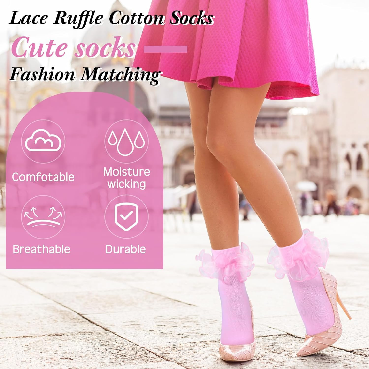 3 Pairs Women Big Ruffle Socks Turn Cuff, Double Lace Ankle Cotton Frilly Socks