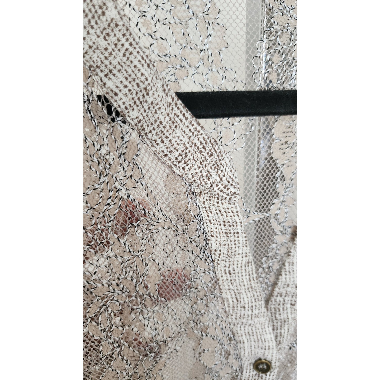 Mystree Women Beige Metallic Lace Sheer Button Down Cardigan Quiet Luxury