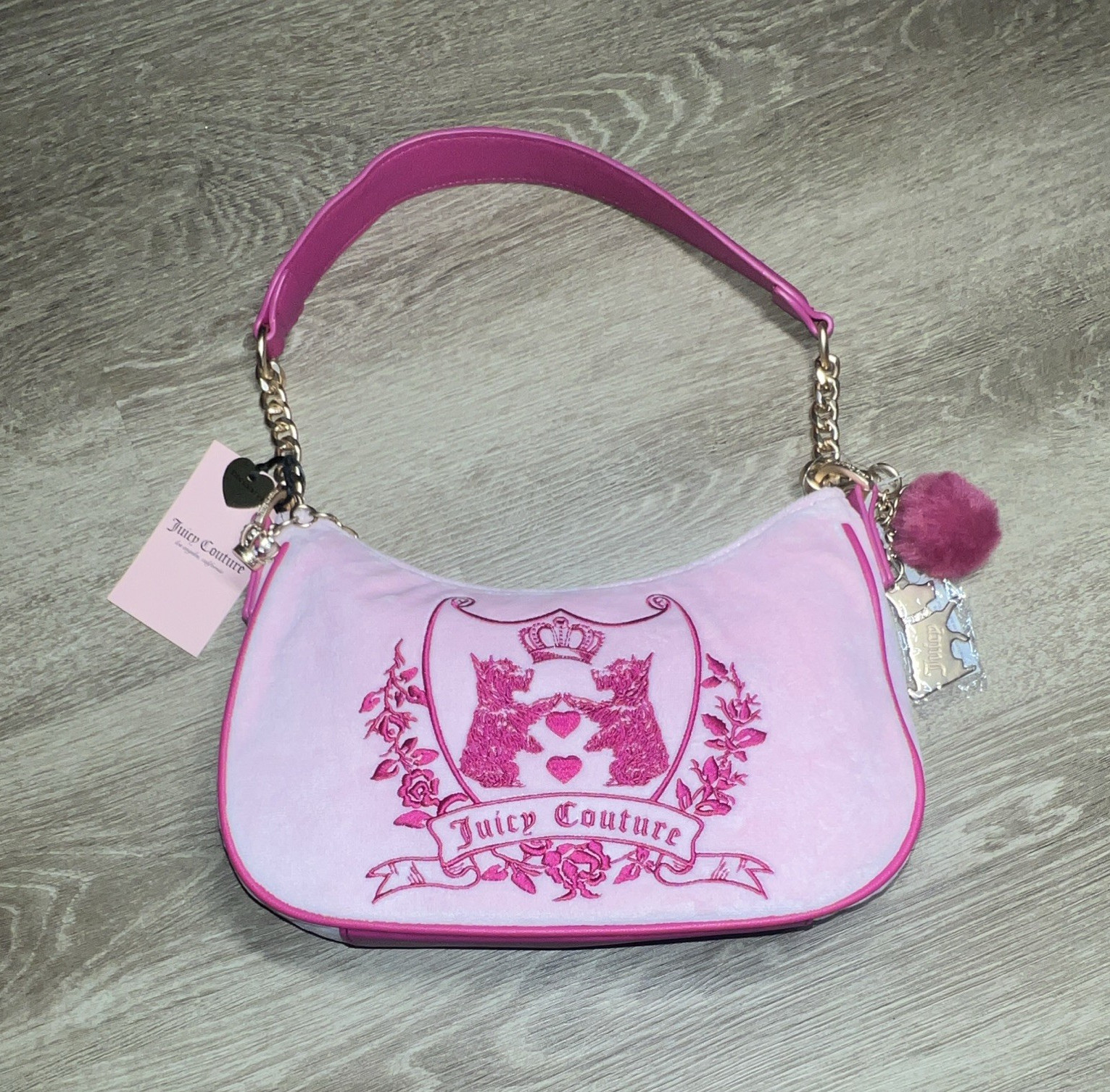 Juicy Couture Small Pink Shoulder Bag Embroidered Logo Gold Chain Zip Charm