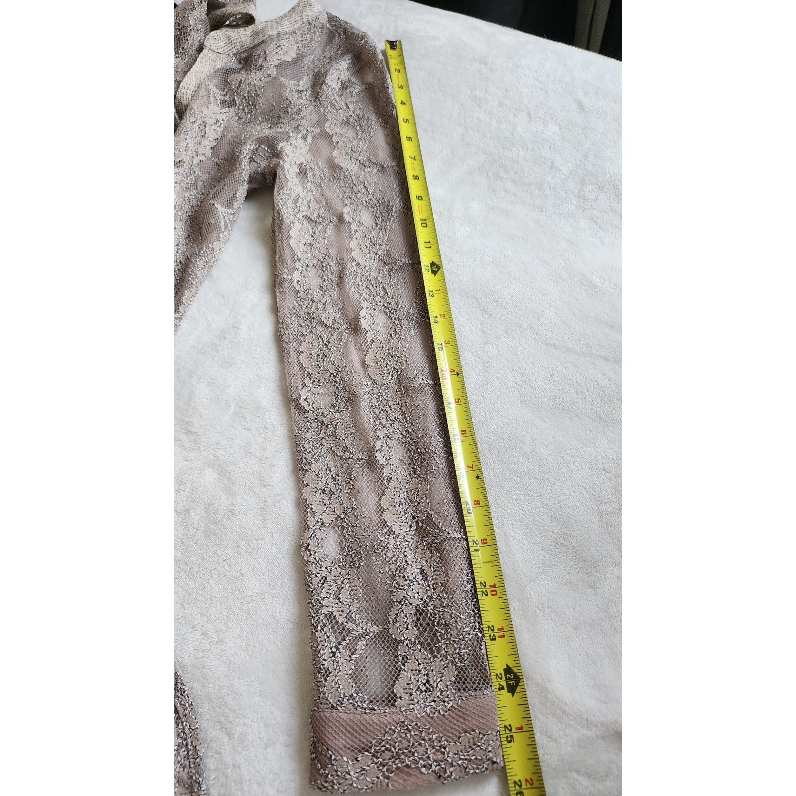 Mystree Women Beige Metallic Lace Sheer Button Down Cardigan Quiet Luxury
