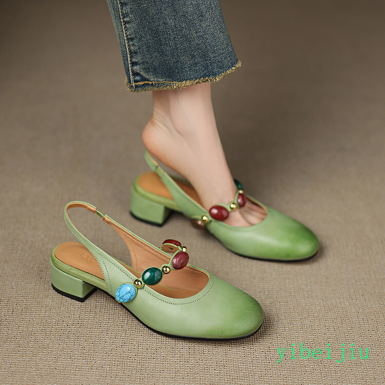 Women’s Low Heel Slingback Real Leather Sandals Stone Comfort Casual Shoes Boho